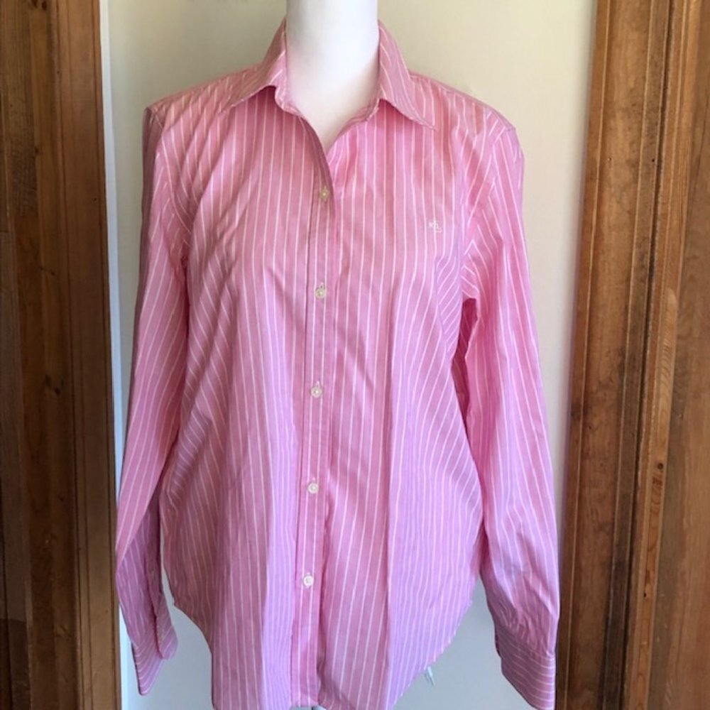 RALPH LAUREN Non Iron Cotton Pink White Stripe Long Sleeve Shirt M
